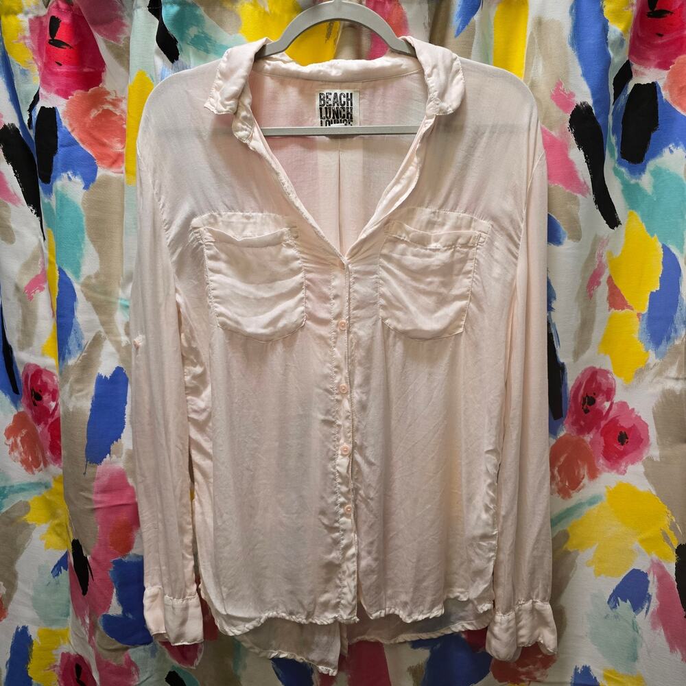 Beach Lunch Lounge light pink sheer long sleeve button-down shirt medium